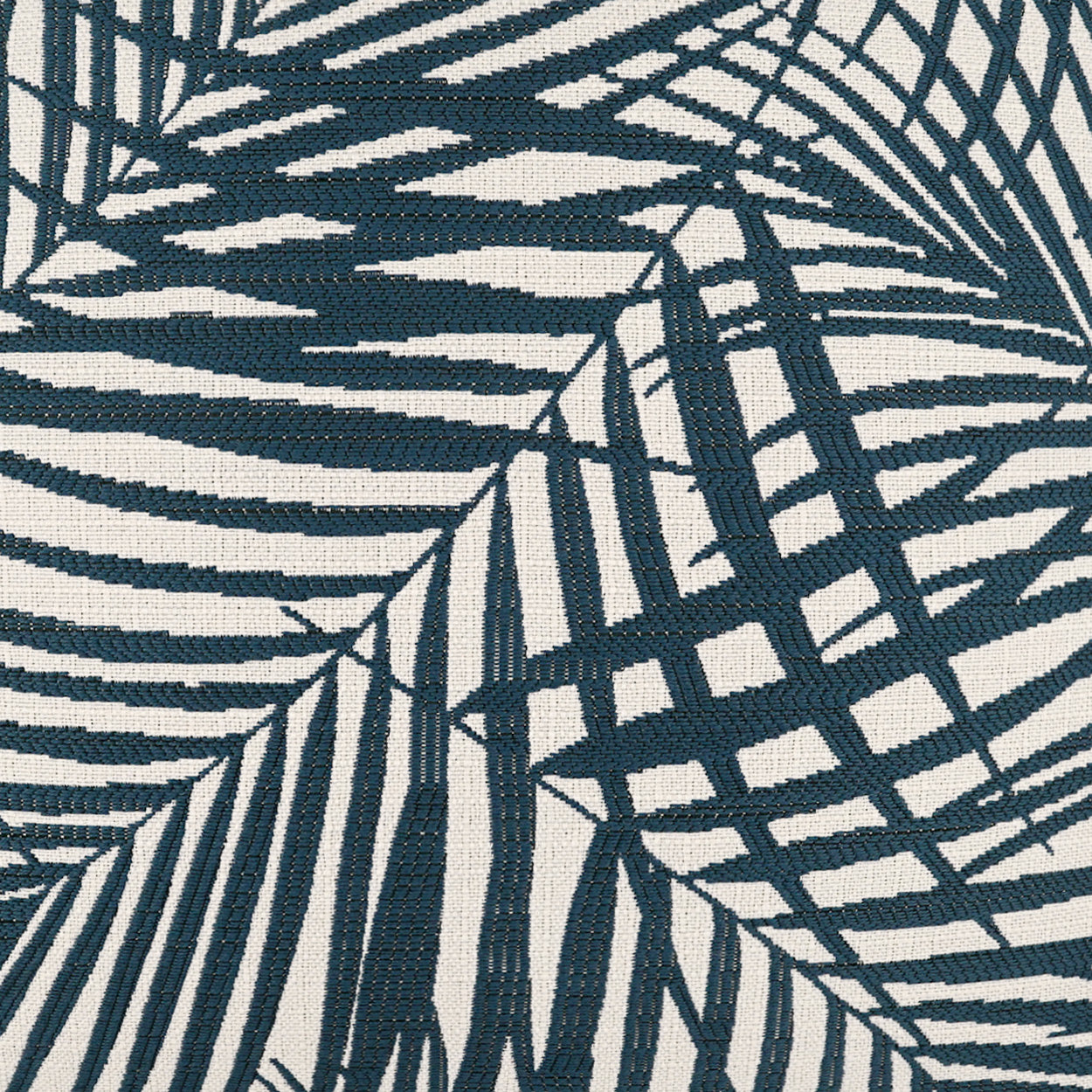 Teal palm leaf print on cream fabric; tropical botanical textile with bold leaf pattern.
