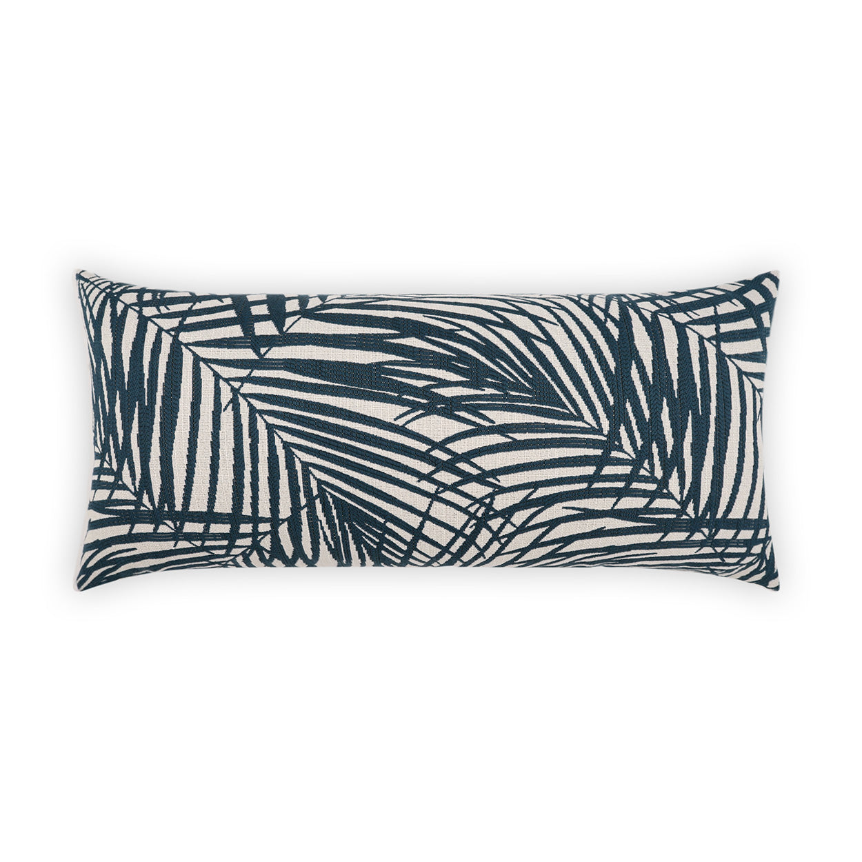 Rectangular throw pillow with navy palm-leaf pattern on light fabric, tropical decorative cushion.