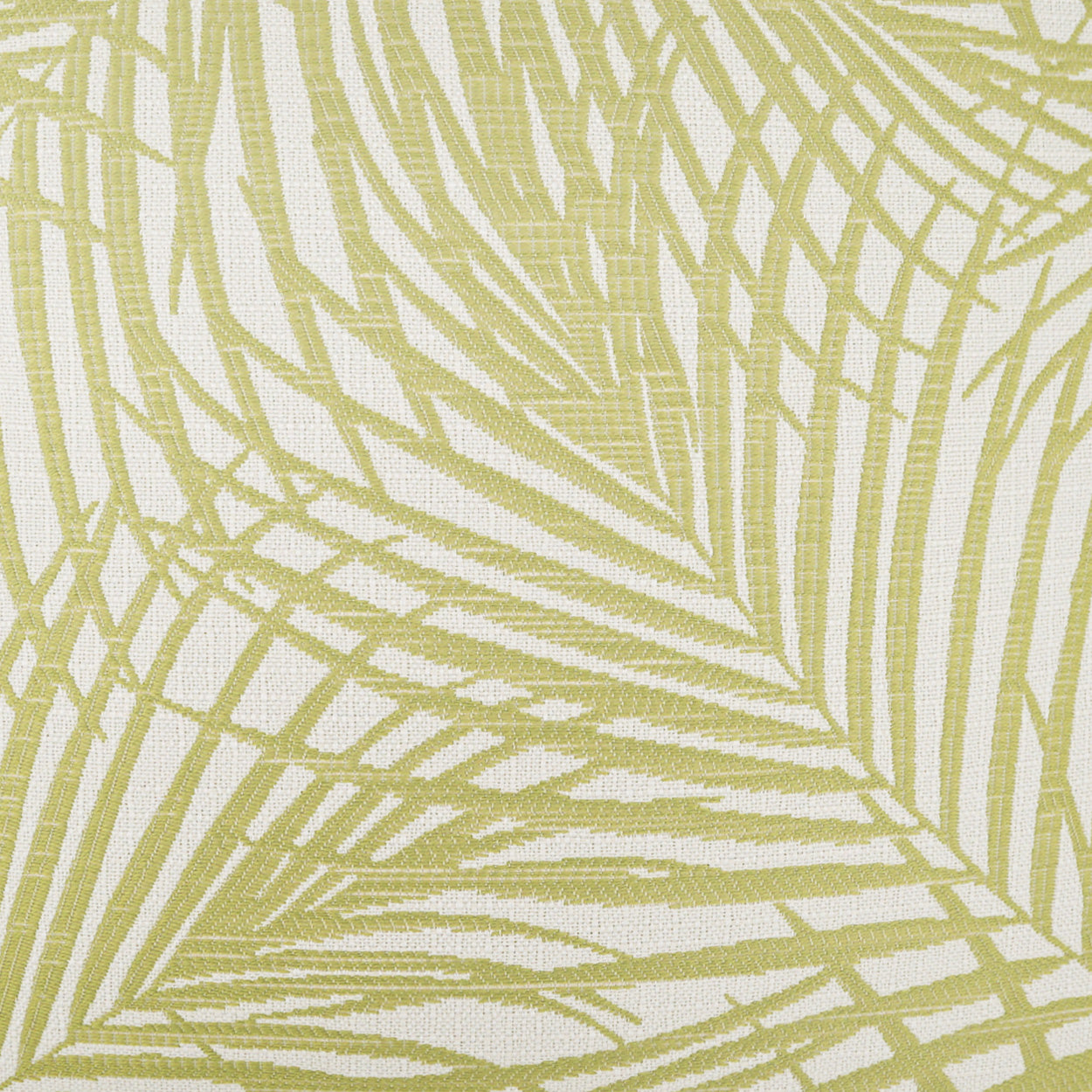 Lime green palm frond pattern on textured white fabric, tropical botanical textile for upholstery or drapes.