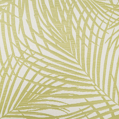 Lime green palm frond pattern on textured white fabric, tropical botanical textile for upholstery or drapes.