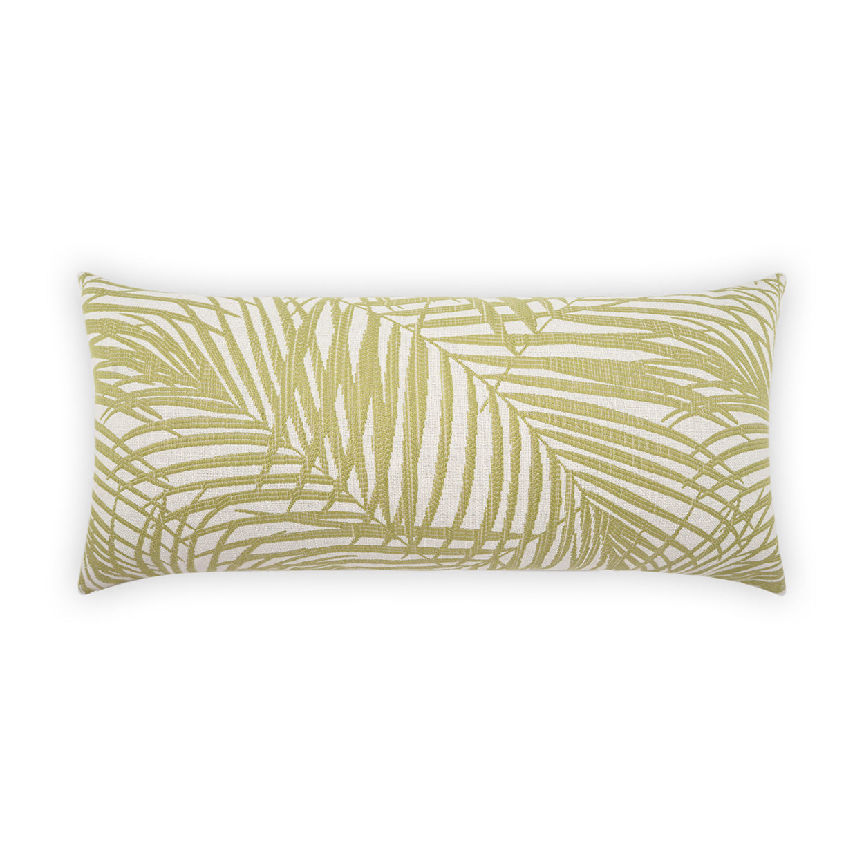 Decorative rectangular throw pillow with olive palm-leaf print on light beige textured fabric.