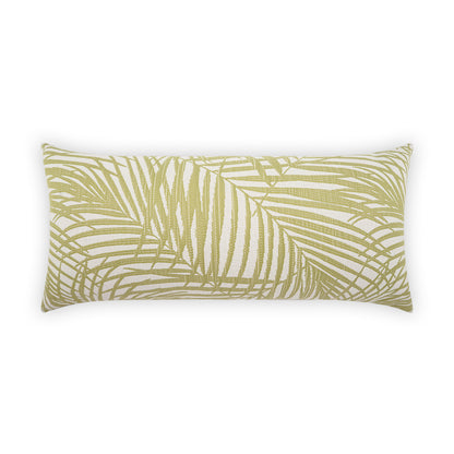 Decorative rectangular throw pillow with olive palm-leaf print on light beige textured fabric.