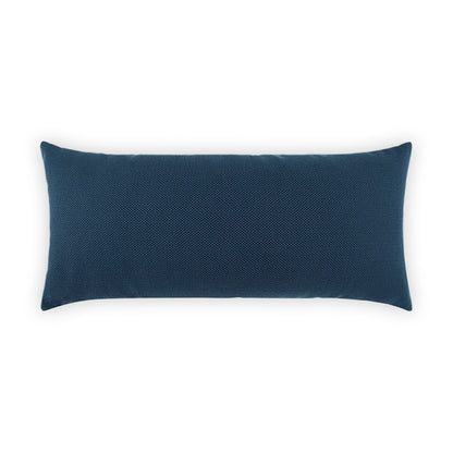 Navy blue rectangular throw pillow with a textured woven surface for lumbar support on a sofa.