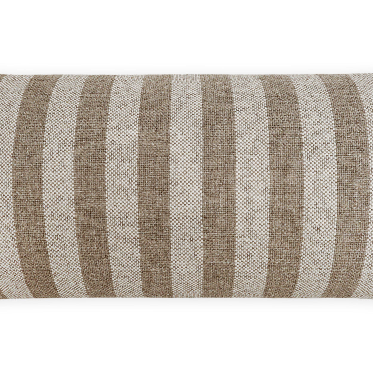 Beige and taupe striped woven fabric roll with a textured linen feel, ideal for cushions or upholstery.