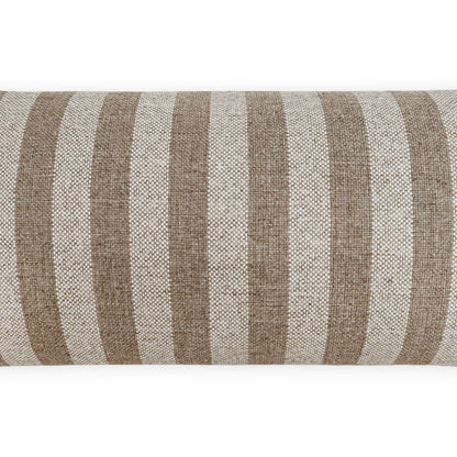 Beige and taupe striped woven fabric roll with a textured linen feel, ideal for cushions or upholstery.