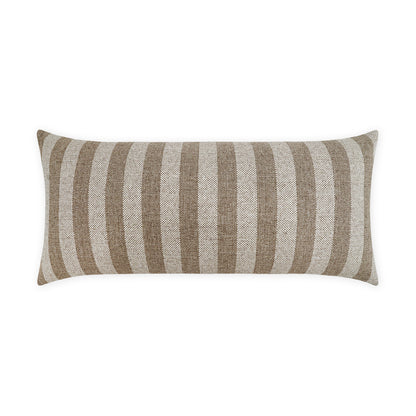 Rectangular lumbar pillow with tan and beige woven stripes, textured linen look, decorative throw cushion.