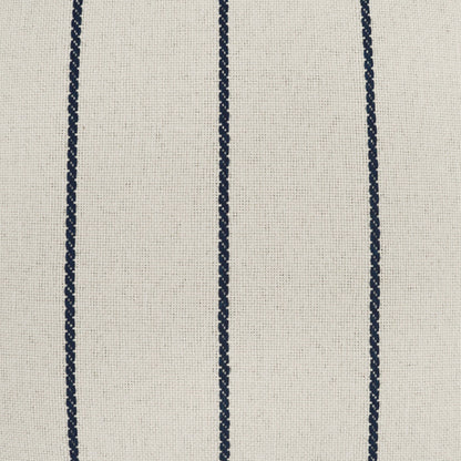 Beige woven fabric with dark navy vertical stripes; textured textile for upholstery or curtains.