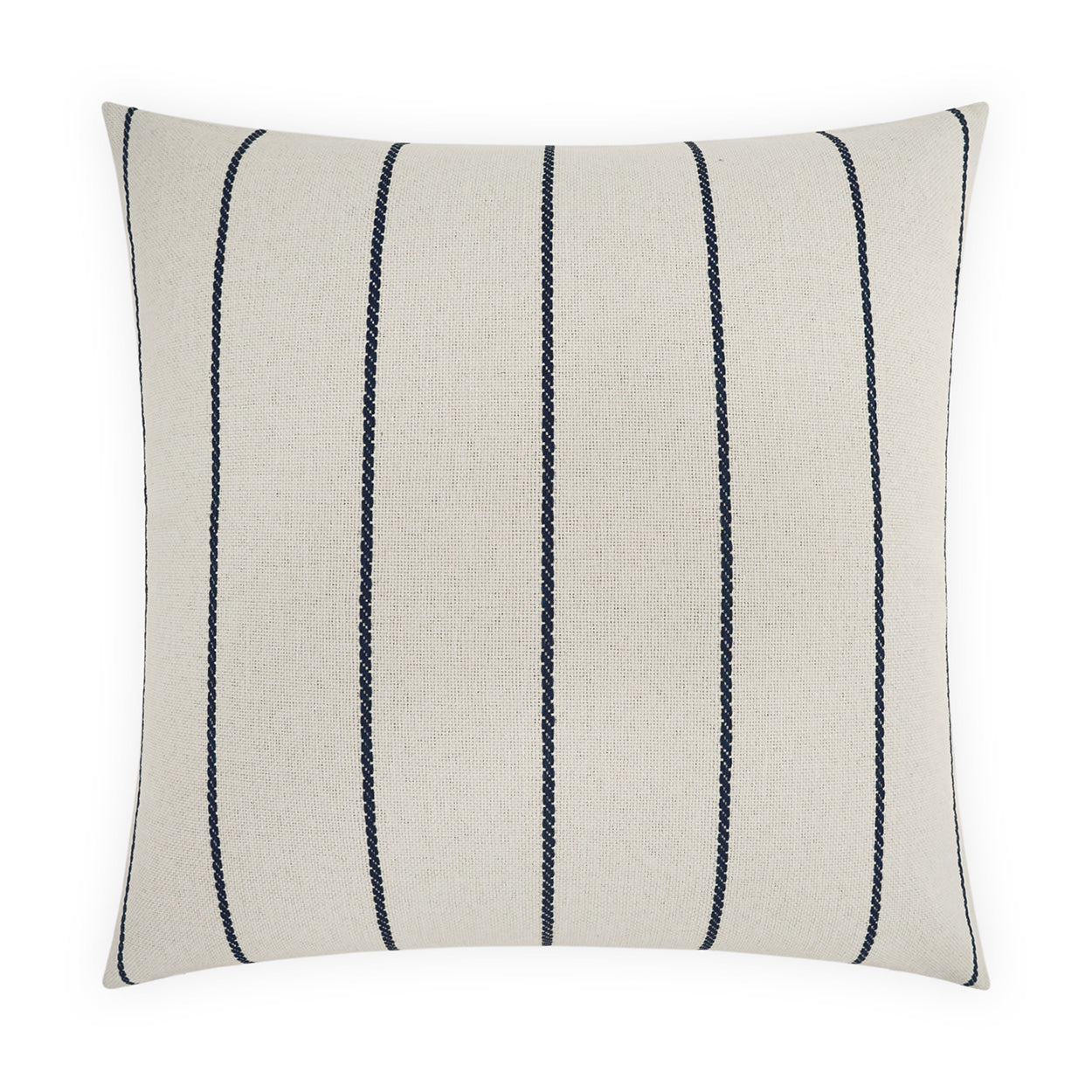 Beige woven linen square pillow with navy vertical braided stripes, decorative throw cushion.
