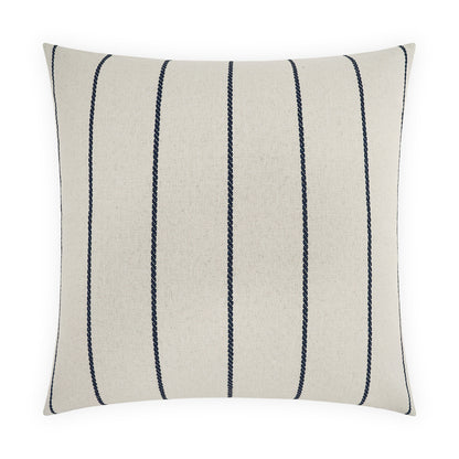 Beige woven linen square pillow with navy vertical braided stripes, decorative throw cushion.