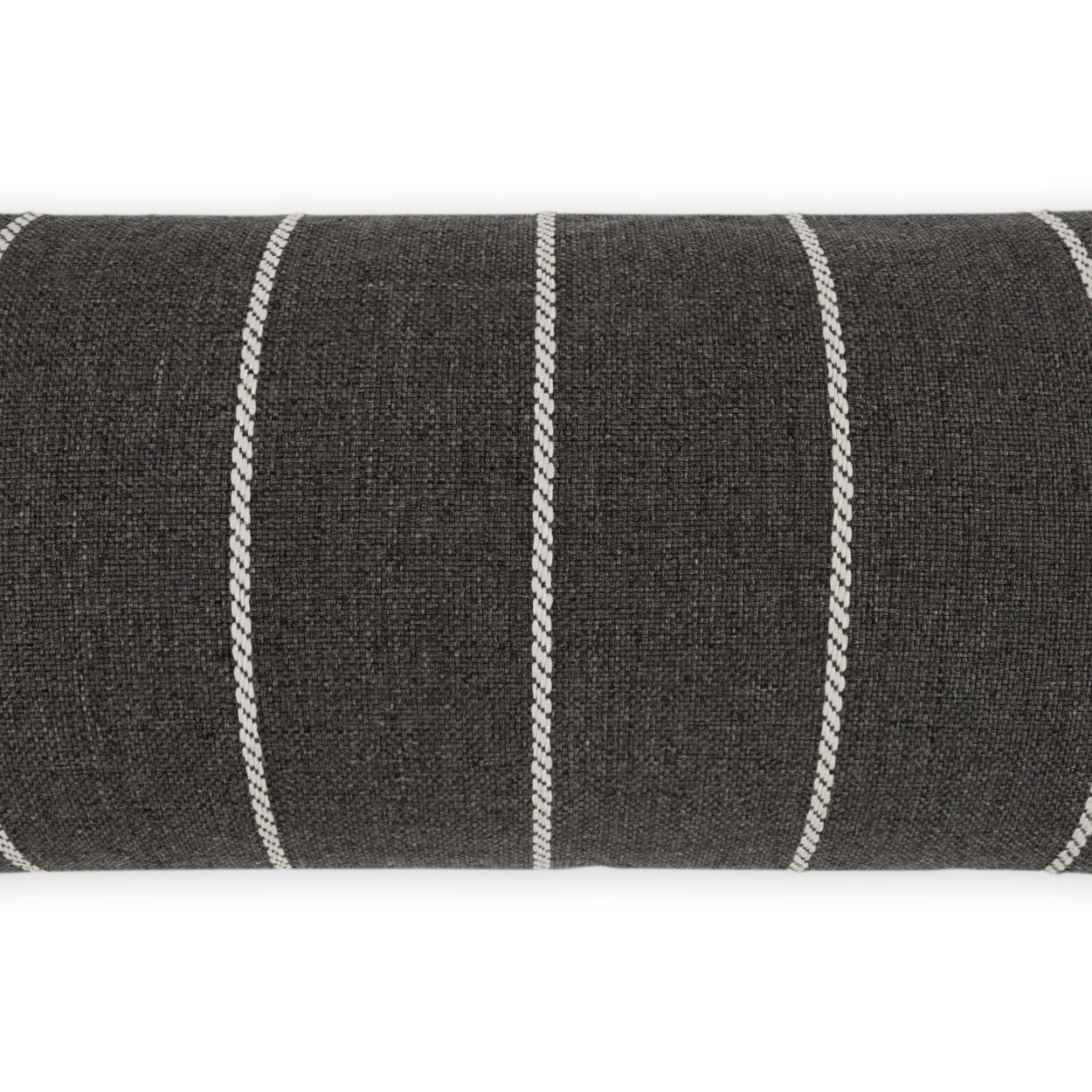 Charcoal grey woven upholstery fabric with white braided vertical stripes, rolled bolt.