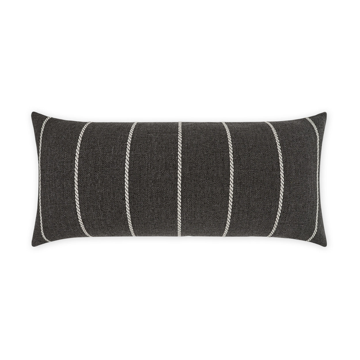 Charcoal gray rectangular lumbar pillow with white braided vertical stripes; woven decorative sofa cushion.