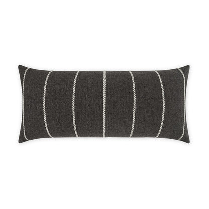 Charcoal gray rectangular lumbar pillow with white braided vertical stripes; woven decorative sofa cushion.