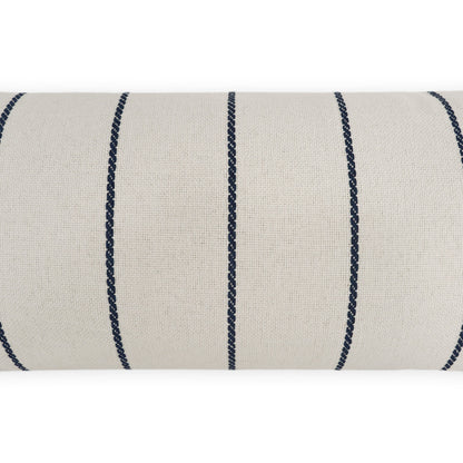 Beige woven fabric with navy chain-stitched vertical stripes, upholstery roll.