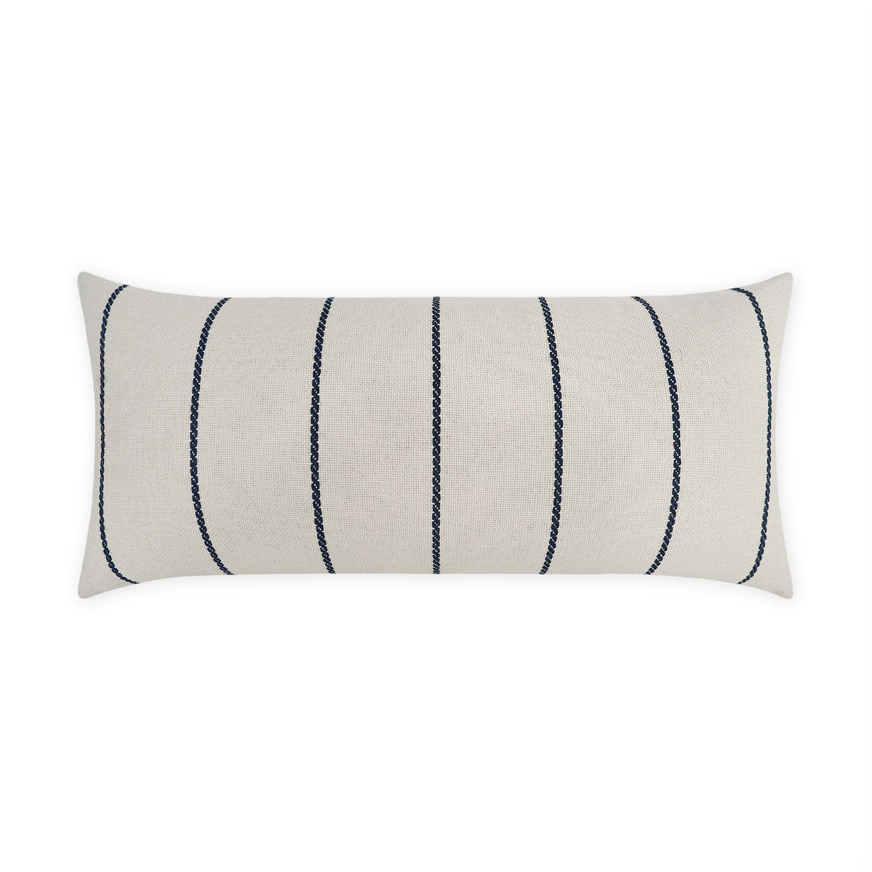 Beige rectangular lumbar throw pillow with navy braided vertical stripes; textured linen-like fabric.