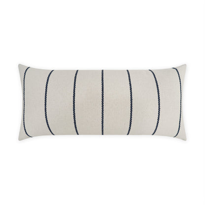 Beige rectangular lumbar throw pillow with navy braided vertical stripes; textured linen-like fabric.