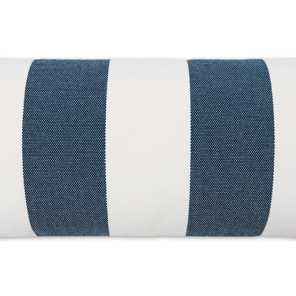 Close-up of white fabric with two wide navy blue stripes on a rolled textile, showing a textured weave.