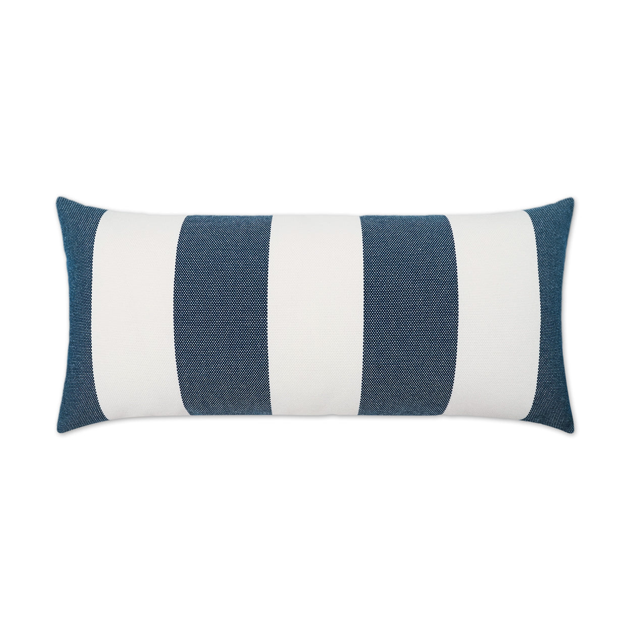 Rectangular decorative cushion with bold navy and white vertical stripes, woven textured fabric.