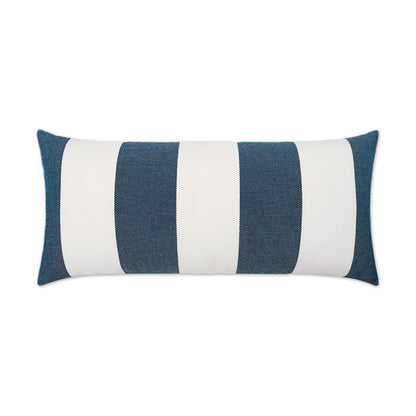 Rectangular decorative cushion with bold navy and white vertical stripes, woven textured fabric.