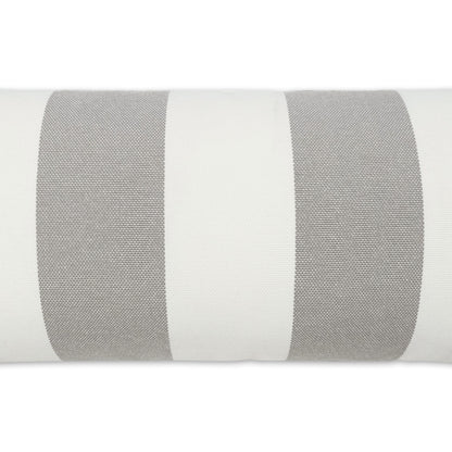 White and gray striped woven fabric with thick taupe-gray bands, upholstery/drape textile, rolled fabric.
