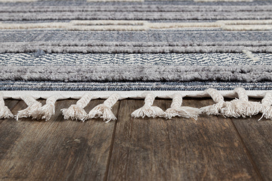 Blue striped rug with cream tassel fringe along edge on a dark wooden floor.