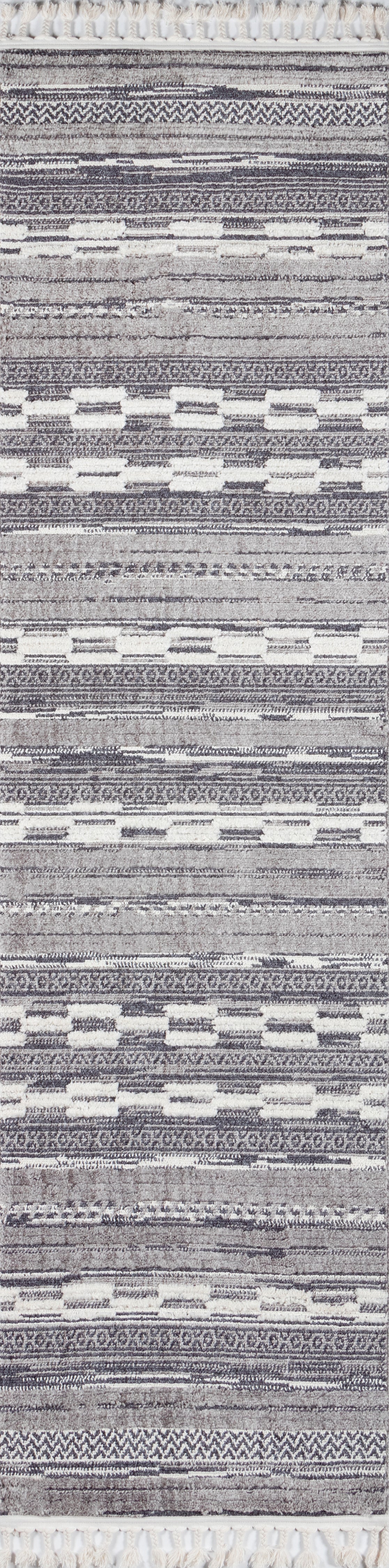 Rectangular gray-blue woven rug with horizontal striped geometric pattern and white fringe tassels.