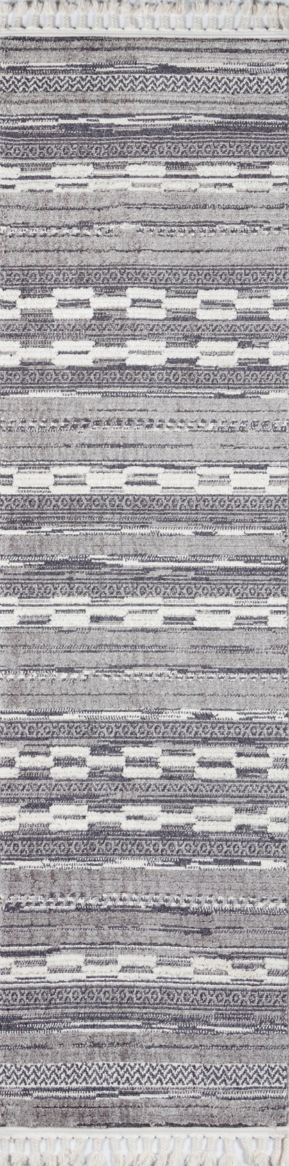 Rectangular gray-blue woven rug with horizontal striped geometric pattern and white fringe tassels.
