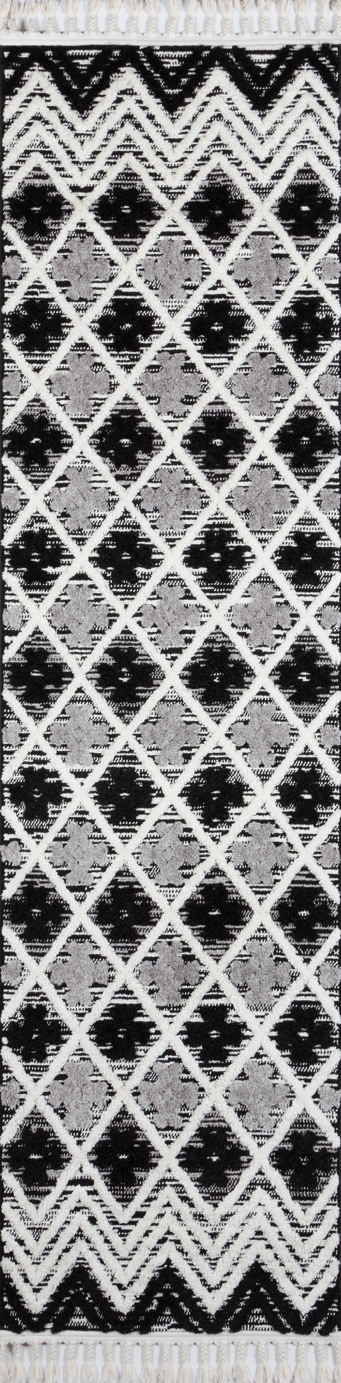 ODESSODE-2BLK rug with black-and-white diamond lattice pattern and fringe tassels at ends