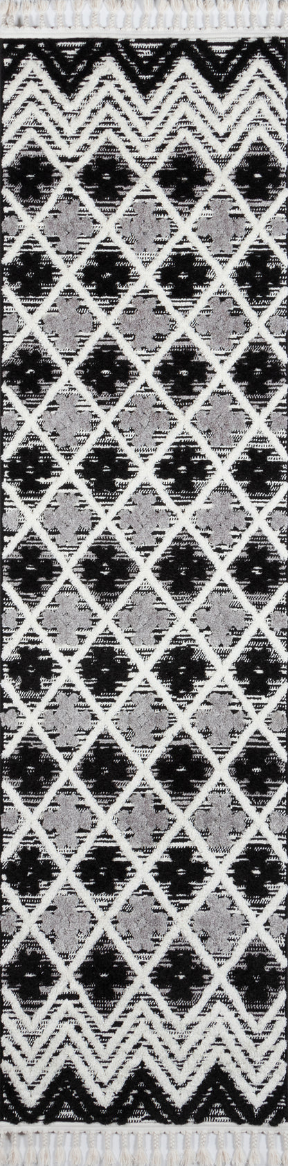 ODESSODE-2BLK rug with black-and-white diamond lattice pattern and fringe tassels at ends