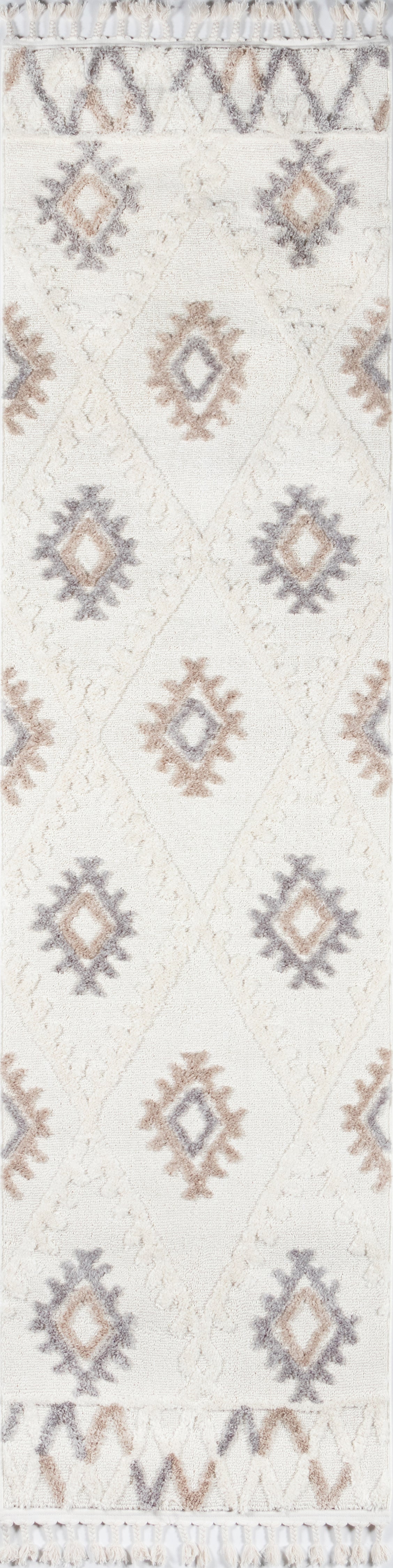 Ivory runner rug with pastel diamond medallions in taupe, lavender, beige; fringed ends.