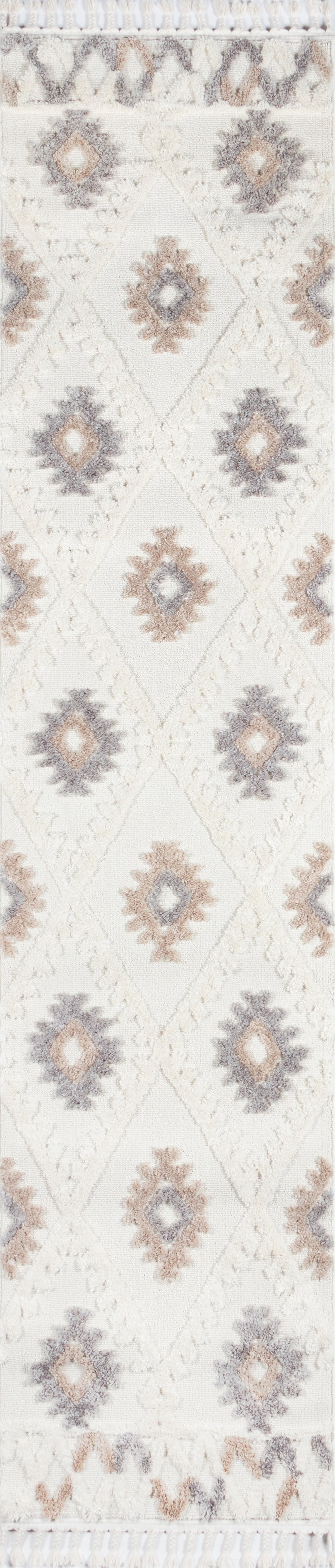 Ivory geometric runner rug with diamond medallions in beige, taupe & gray, fringed ends.