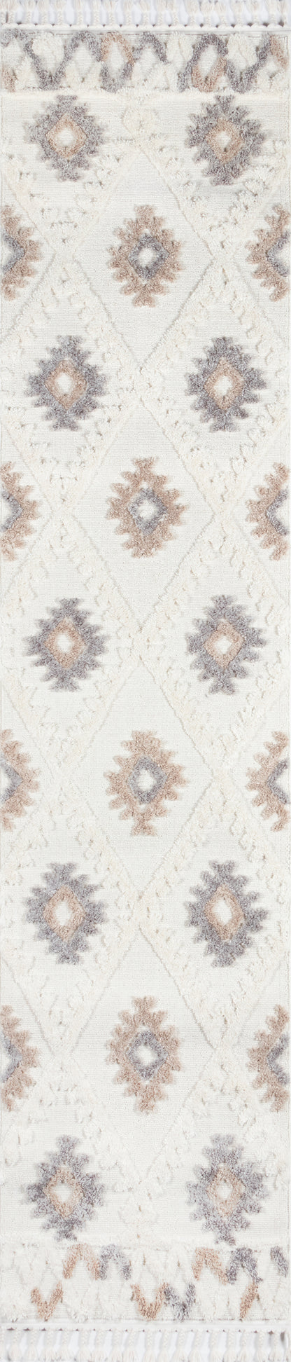 Ivory geometric runner rug with diamond medallions in beige, taupe & gray, fringed ends.