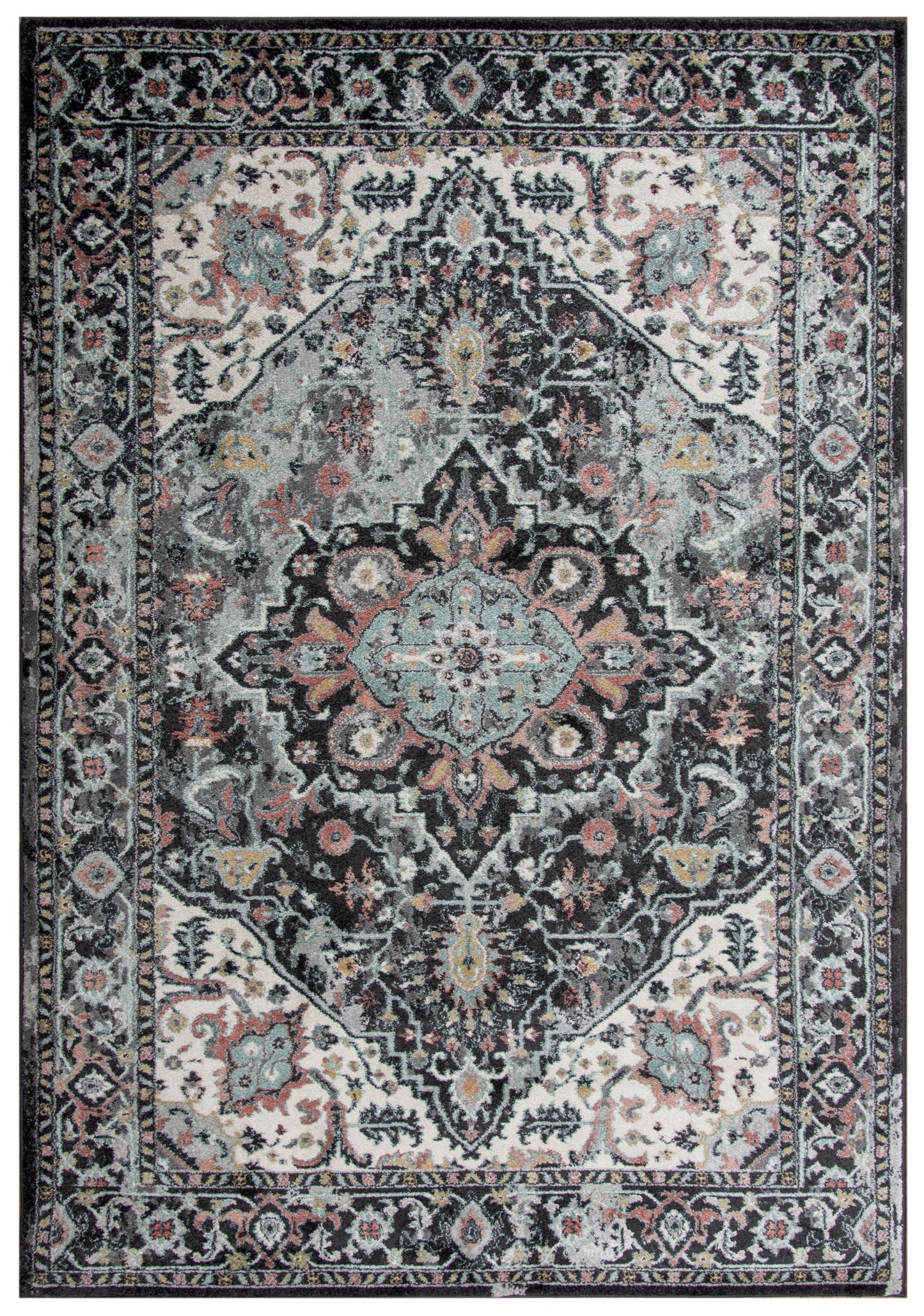 Traditional patterned area rug on floor, 8' x 10'.