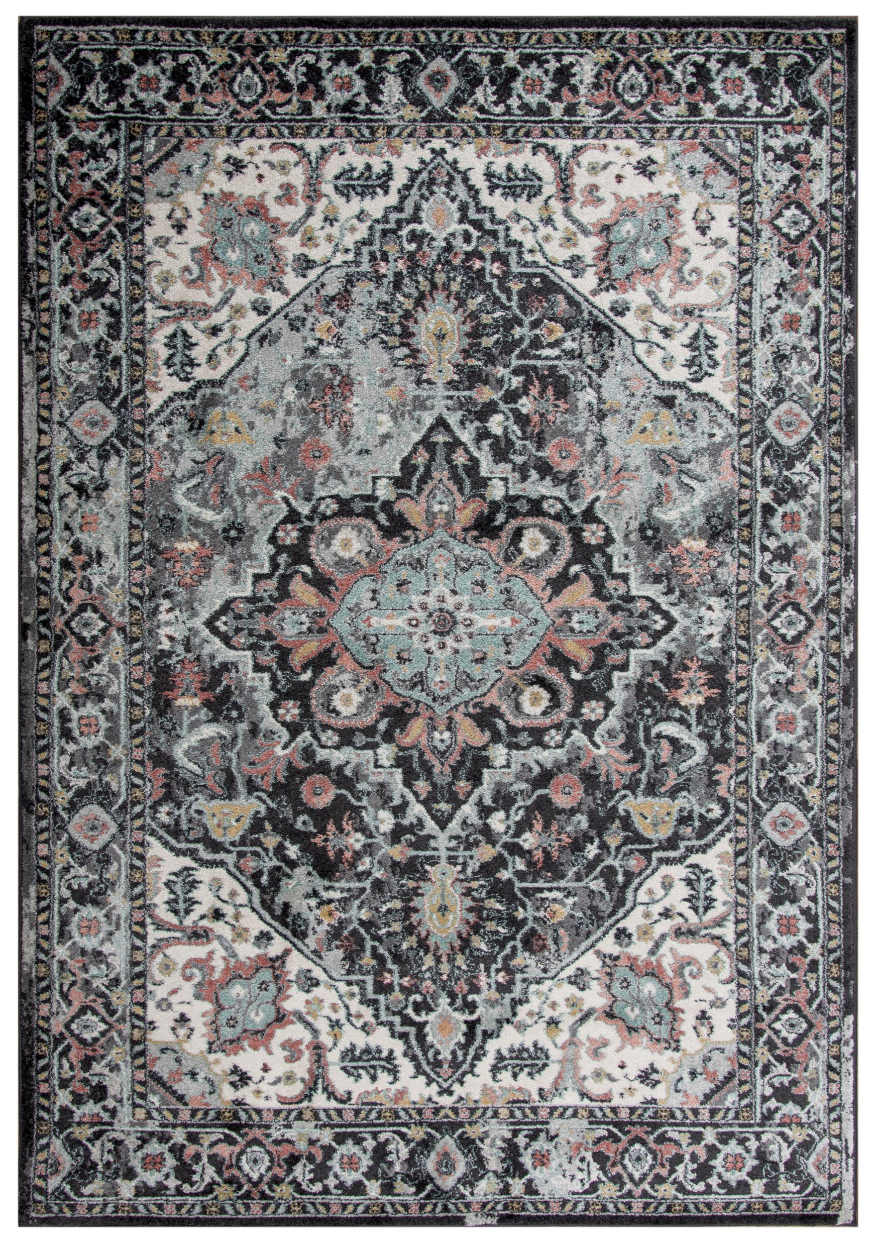 Traditional patterned area rug on floor, 8' x 10'.