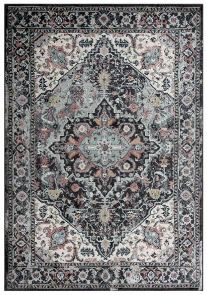 Traditional patterned area rug on floor, 8' x 10'.
