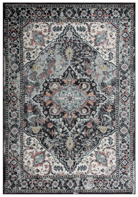 Traditional patterned area rug on floor, 8' x 10'.