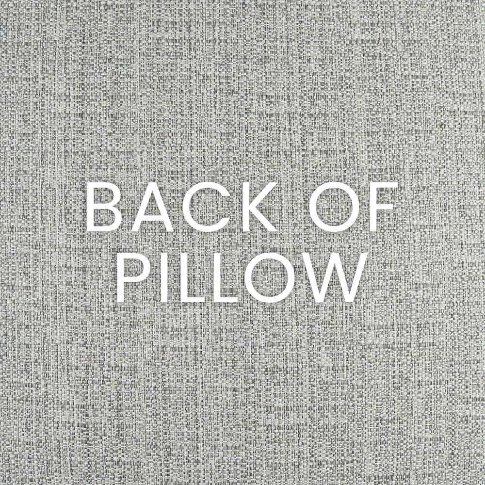 Grey linen-mix pillow fabric texture with white 'BACK OF PILLOW' text.