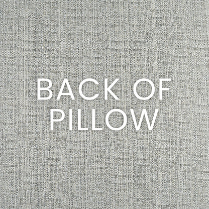 Grey linen-mix pillow fabric texture with white 'BACK OF PILLOW' text.