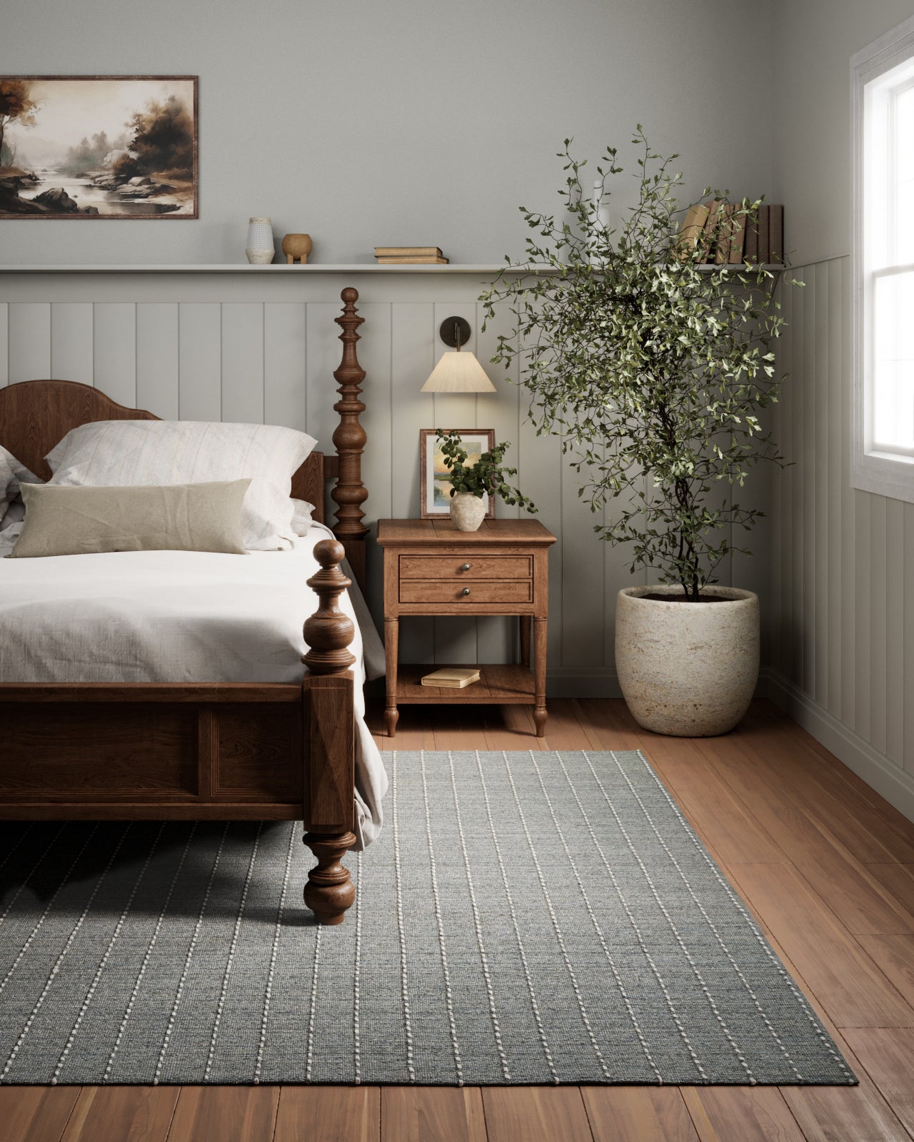 8' x 10' blue-gray striped rug.