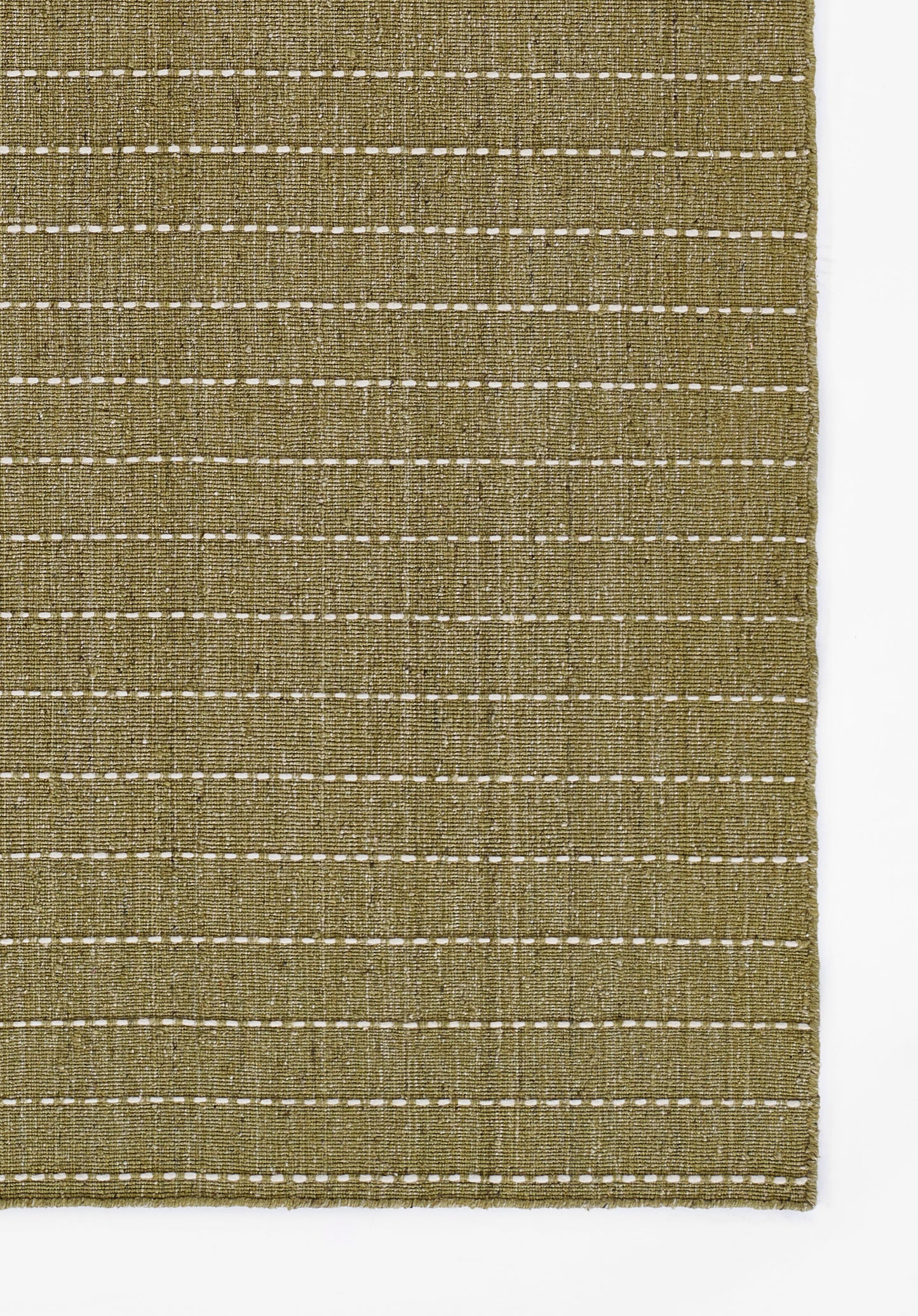 Olive green natural-fiber rug with evenly spaced white dotted horizontal stripes, rustic textured weave.