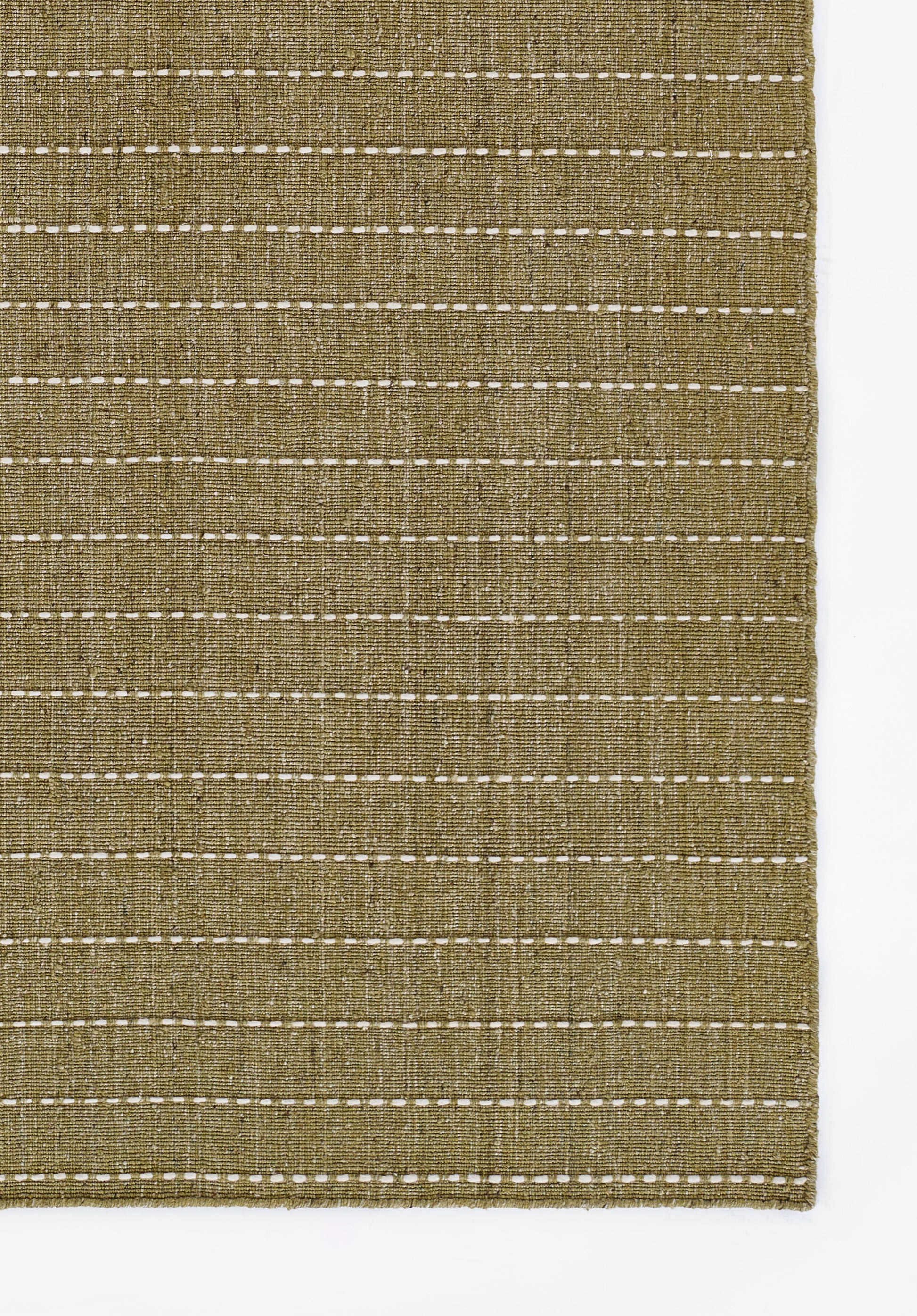 Olive green natural-fiber rug with evenly spaced white dotted horizontal stripes, rustic textured weave.