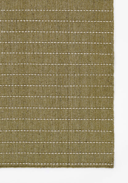 Olive green natural-fiber rug with evenly spaced white dotted horizontal stripes, rustic textured weave.