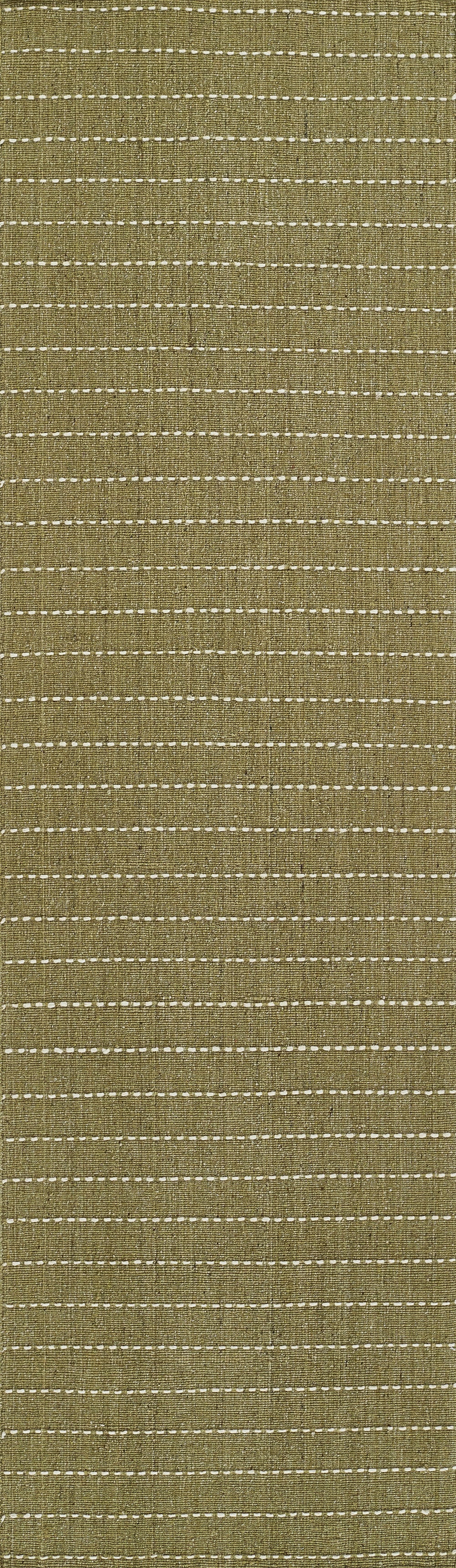 Olive green rug with a linen-like texture and evenly spaced white dotted stripes.