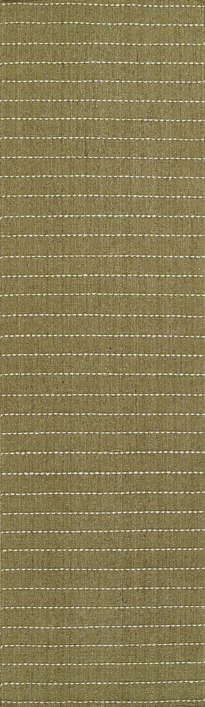 Olive green rug with a linen-like texture and evenly spaced white dotted stripes.