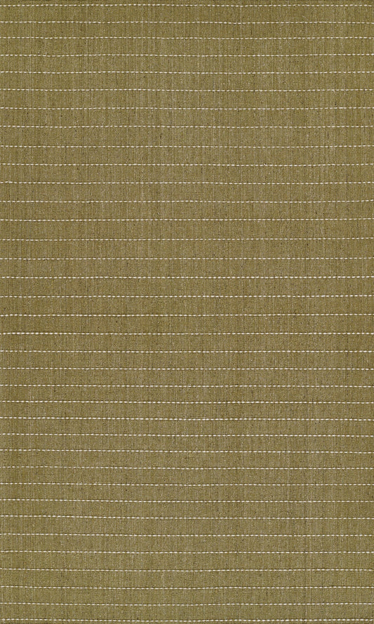 Olive green woven rug with fine tan dashed horizontal stitching across the surface.