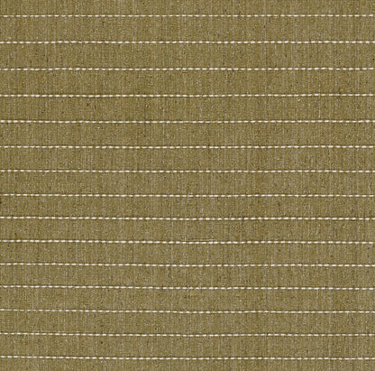 Olive green rug with evenly spaced white dashed horizontal stripes.