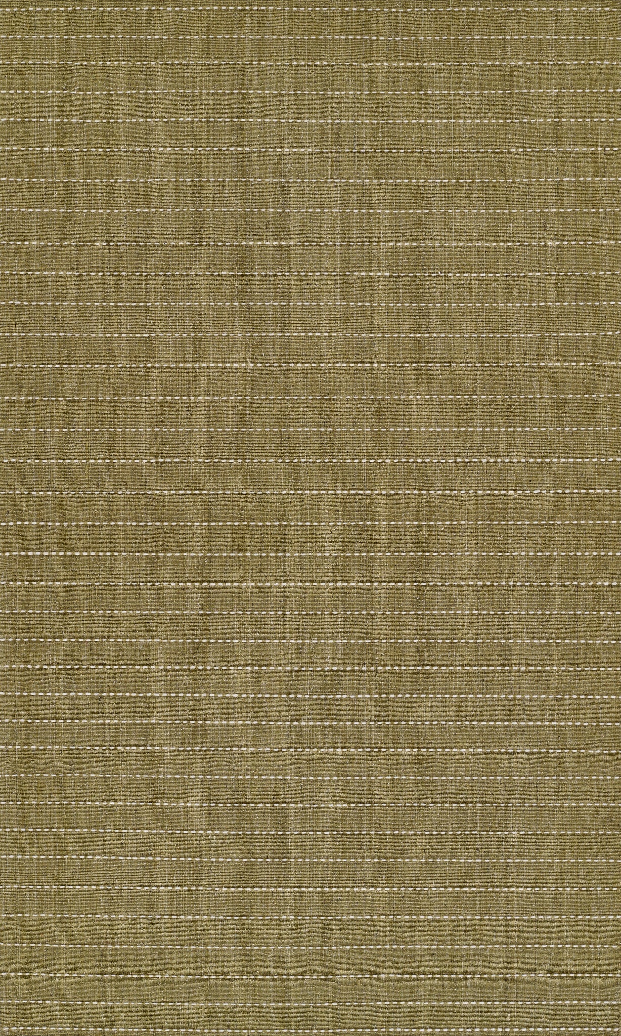 Olive green woven rug with narrow white dashed stripes; textured surface; 8' x 10' rug for home decor.