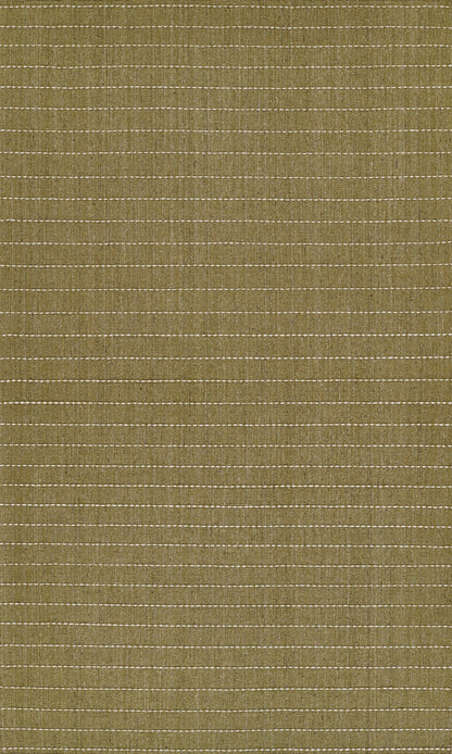 Olive green woven rug with narrow white dashed stripes; textured surface; 8' x 10' rug for home decor.