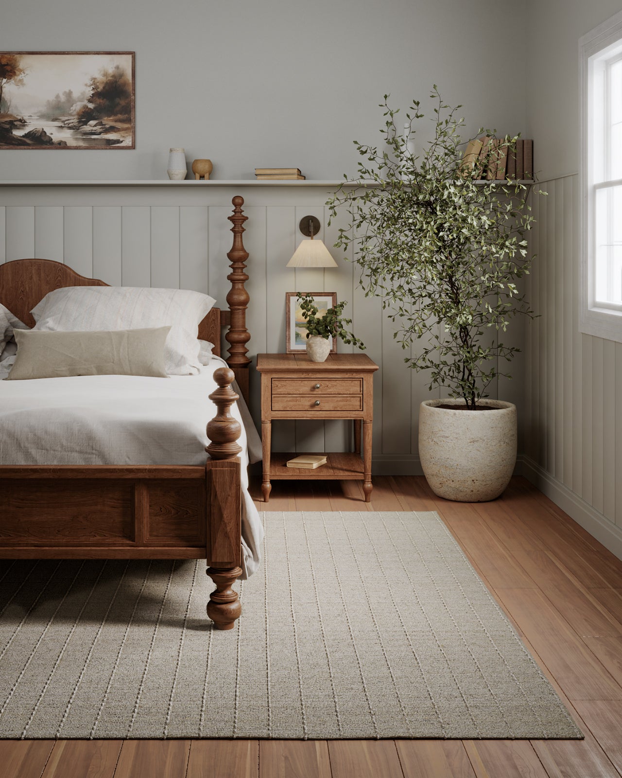 Olive natural 2'3" x 8' runner rug with woven texture on the floor.