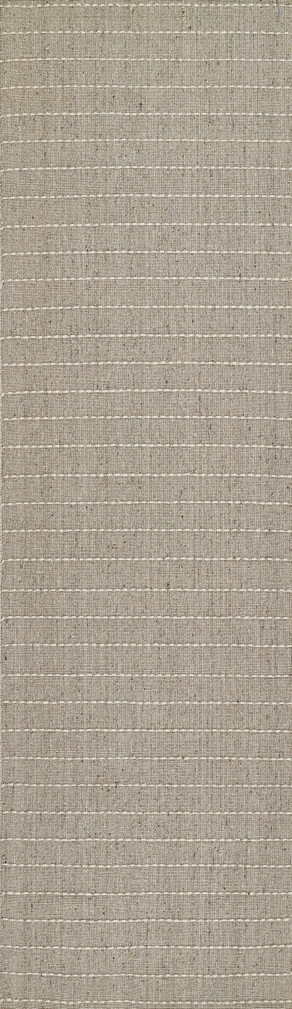 Natural beige woven rug with thin cream stripes; textured jute-like surface.
