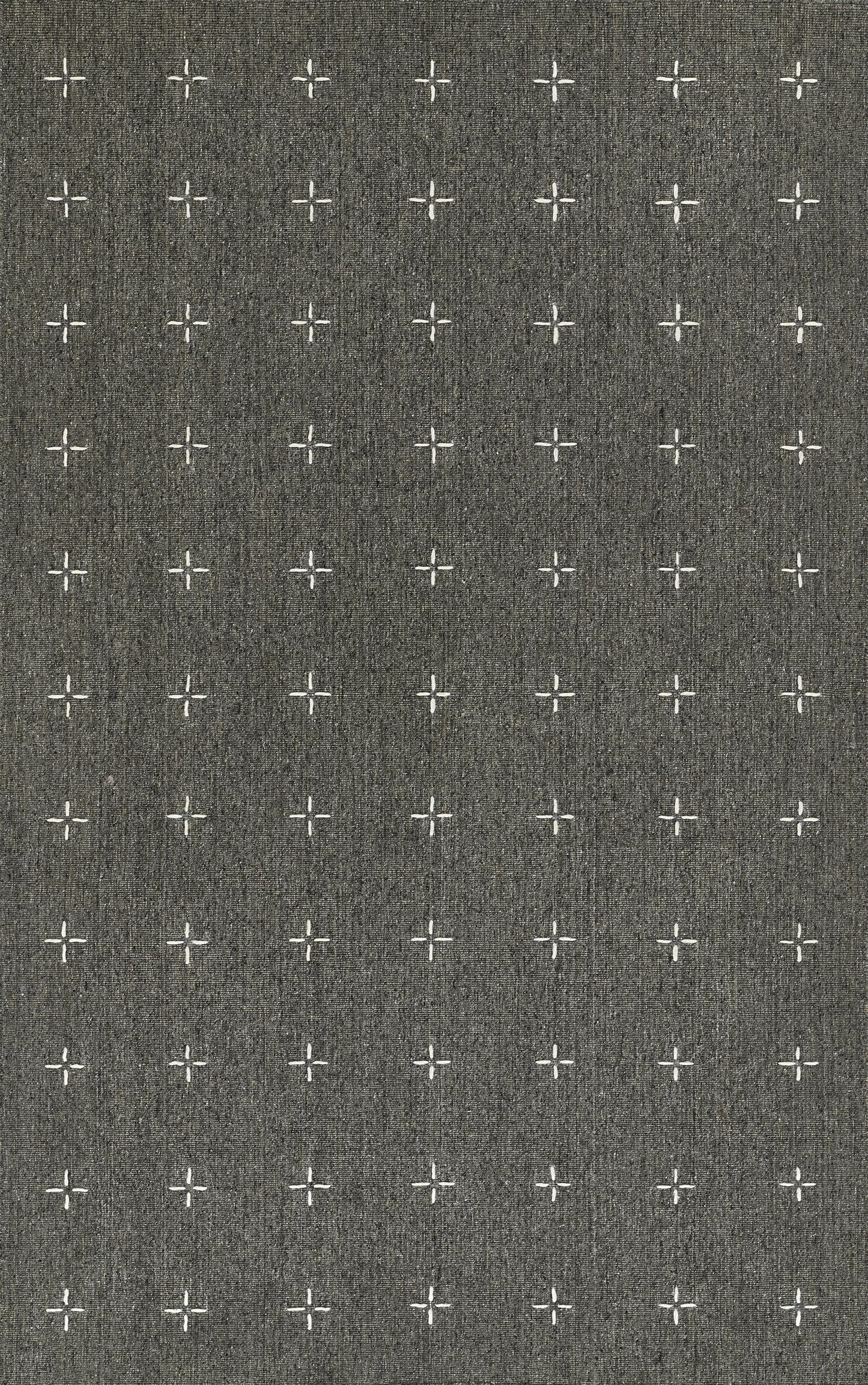 Grey textured fabric with small white cross motifs in a repeating grid; modern minimalist upholstery and decor textile.